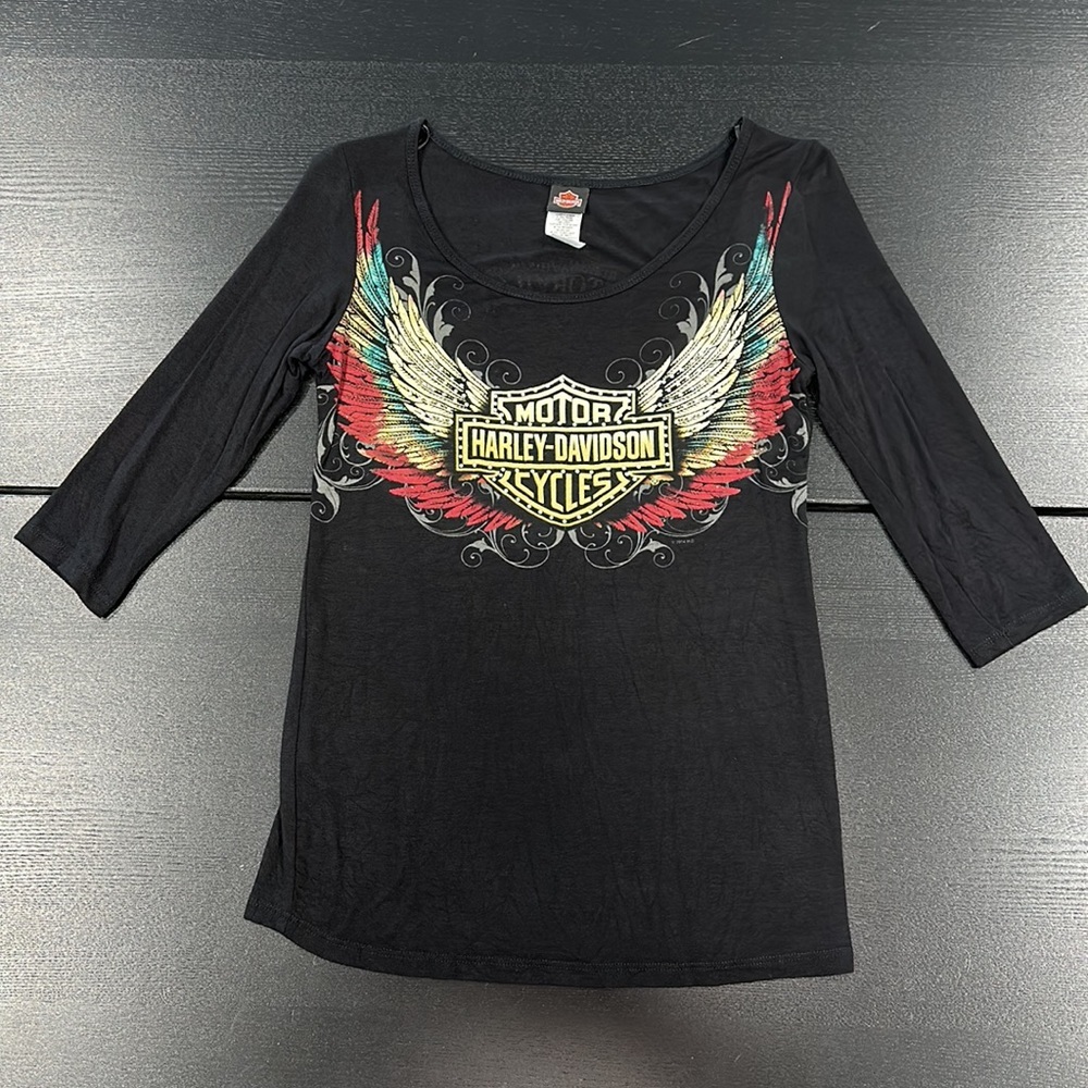 Harley-Davidson Bling Embellished Top with Wing Design and 3/4 Sleeves - Small